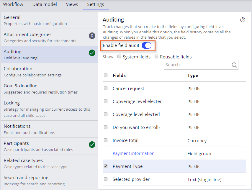 Field level auditing in pega